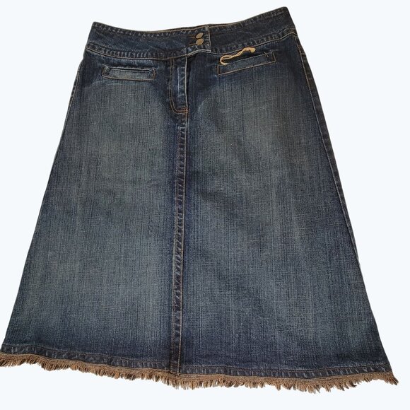 Cabi Womens Denim A-Line Midi Skirt Size 12 Indigo Frayed Hem Style # 621 New - Picture 1 of 7